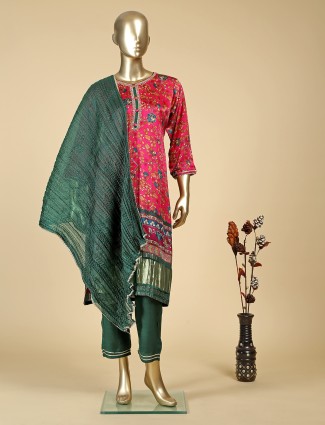 Festive wear printed magenta silk kurti set