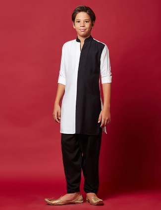 Festive wear white and black silk kurta suit