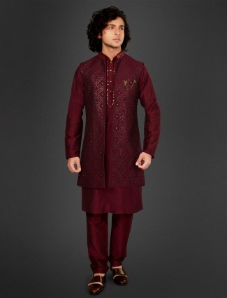 Festive wear maroon cotton silk waistcoat set