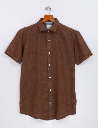 Frio brown linen plain half sleeve shirt