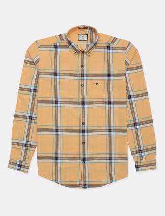 Frio casual cotton shirt in orange color with checks print