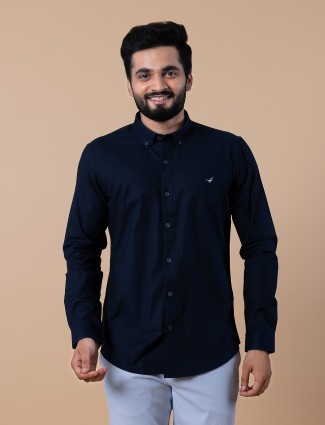 Frio navy palin cotton slim fit casual shirt