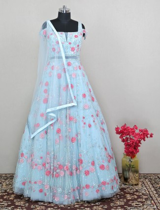 Generous wedding and party wear net gown in sky blue color