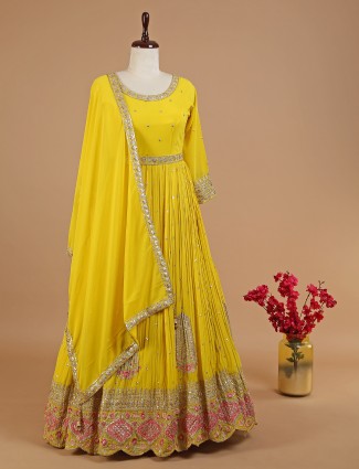 Georgette yellow anarkali suit for wedding