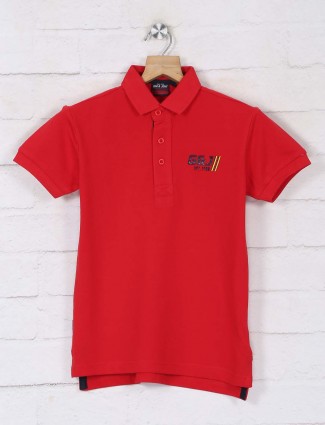 Gini & jony red solid cotton casual boys polo neck t-shirt