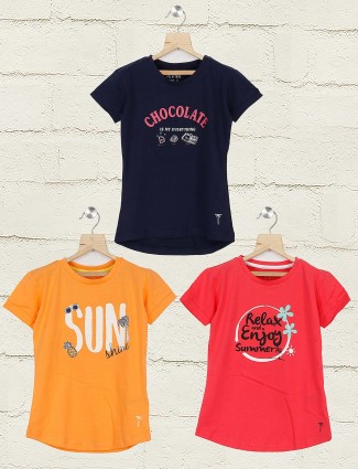 Gini and Jony navy orange and pink printed pack of 3 top