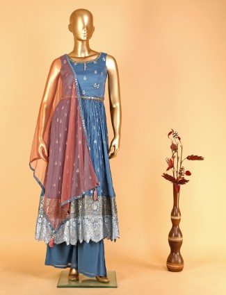 Gorgeous blue silk palazzo suit with dupatta