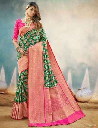 Grassy green saree for wedding functions in patola silk