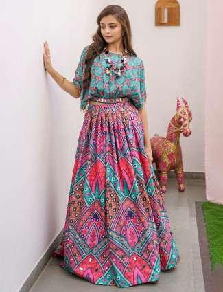 Green and pink printed crop top with lehenga
