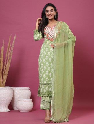 Green floral printed kurti set in cotton