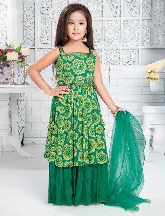 Green printed georgette palazzo set for girls