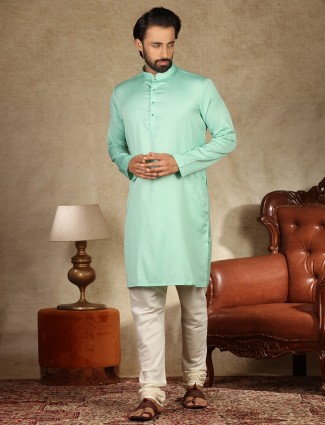 Green solid cotton fabric mens kurta suit