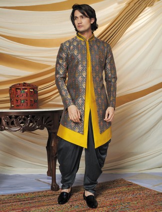 Grey and yellow printed indo western for wedding function