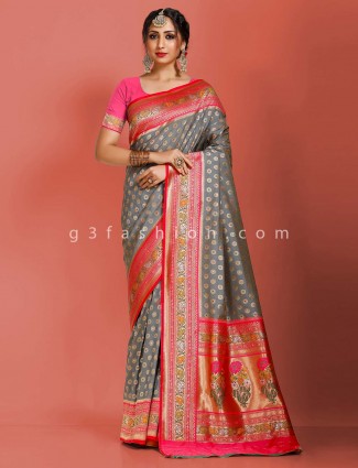 Grey art banarasi silk floral thread zari weaving pallu saree