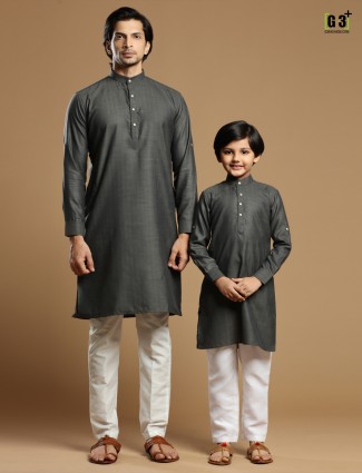 Grey festive wear cotton kurta suit for father and son