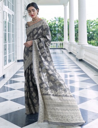 Grey wedding saree in georgette with lucknowi work