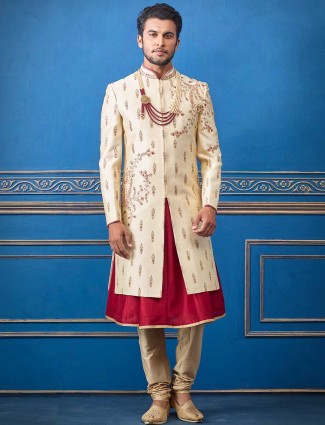 Groom wear beige silk sherwani