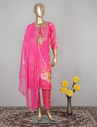 Hot pink cotton printed pant suit for festive