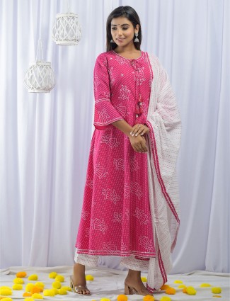 Hot pink printed punjabi cotton festive ocasions pant suit