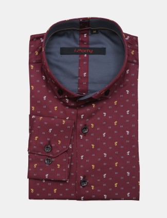 I Party printed maroon party wear cotton shirt