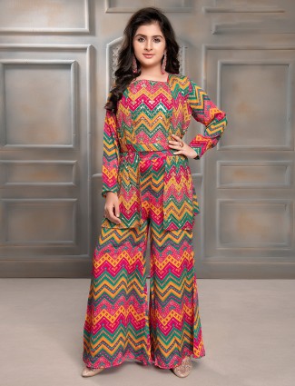 Jacket style multi color printed palazzo suit