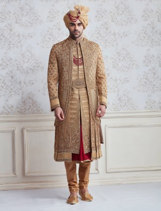 Jute beige wedding wear designer sherwani