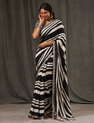 Latest black and white muslin saree