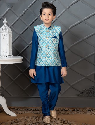 Latest blue shaded silk printed waistcoat set