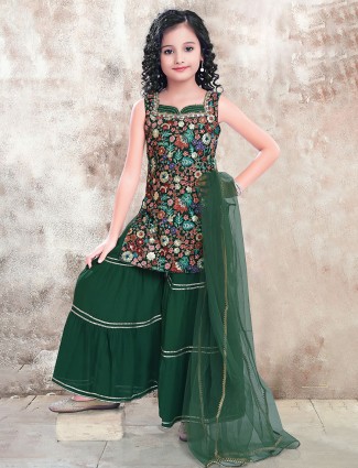 Latest bottle green georgette printed sharara suit for girls
