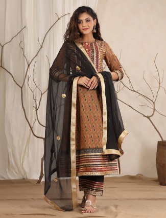 Latest brown cotton festive printed punjabi style pant suit