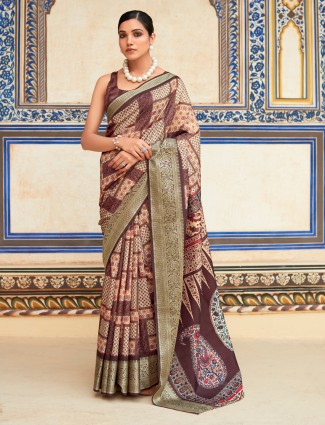 Latest brown dola silk printed saree