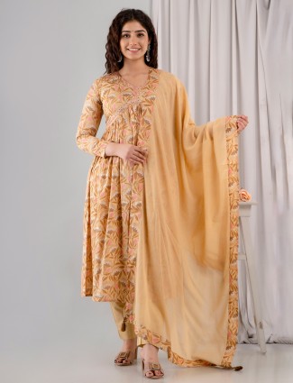 Latest dusty yellow cotton printed kurti set