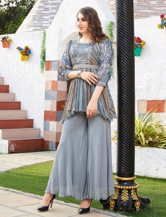 Latest grey printed georgette palazzo suit