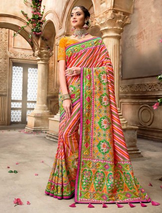 Latest orange multicolor leheriya pure patola silk wedding wear saree