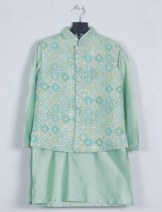 Latest pista green silk waistcoat set for boys