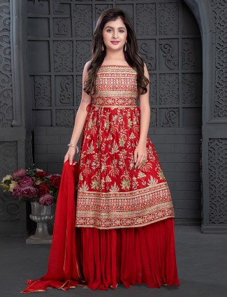Latest red silk palazzo suit with embroidery
