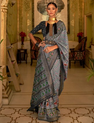 Latest silk grey printed wedding wear saree