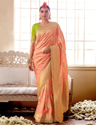 Latest silk peach wedding wear saree