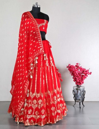Latest unstitched red raw silk lehenga choli for wedding