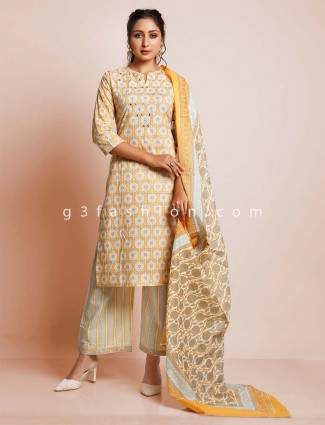 Latest yellow cotton palazzo style salwar suit for festive