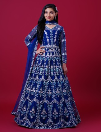 Lavish net gown for party and reception in prussian blue