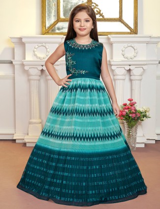 Lavish rama blue and aqua lycra gown for party look