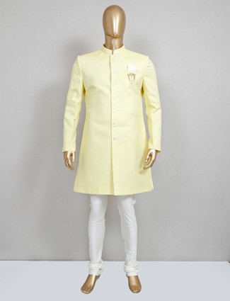 Lemon yellow cootton silk wedding wear sherwani