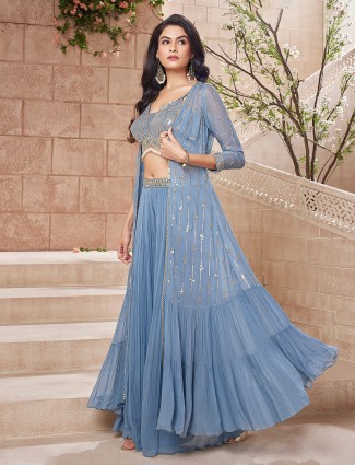 Light blue georgette palazzo suit with shrug