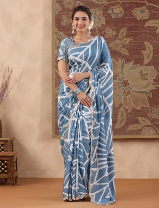 Light blue muslin silk printed saree
