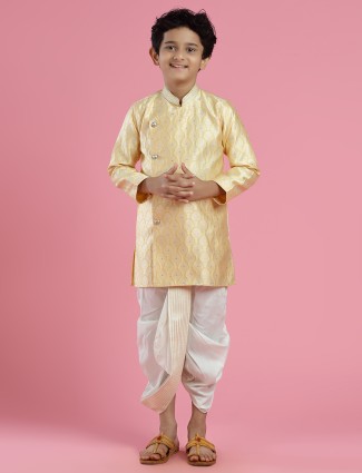 Light yellow festive look kurta suit in silk
