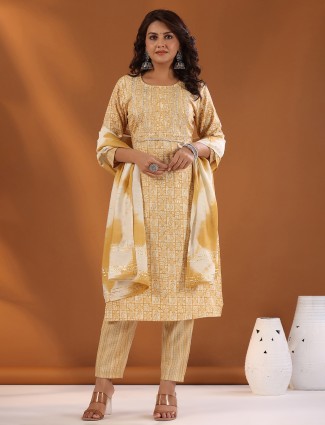 Light yellow printed kurti set in cotton