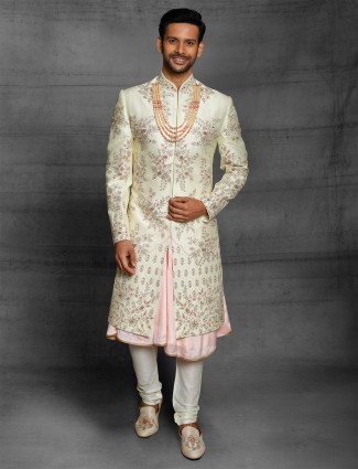 Light yellow wedding wear sherwani in raw silk fabric
