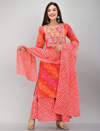 Magenta cotton festive wear printed punjabi style sharara suit