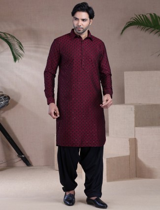 Maroon festive men raw silk pathani suit